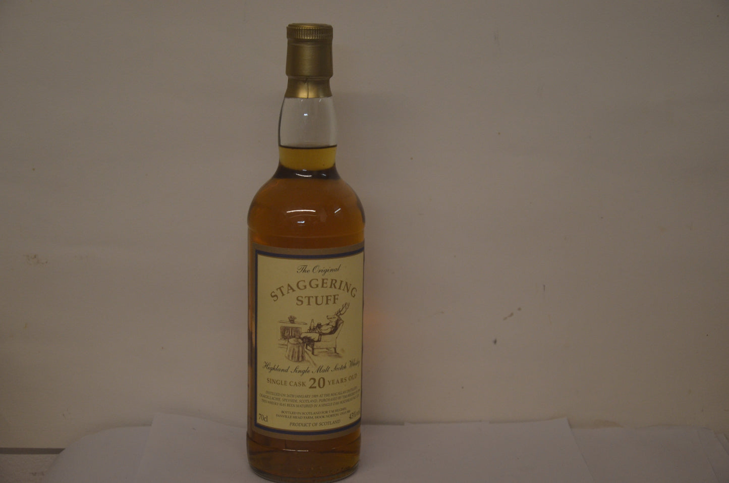 The Macallan 20 Year Old Single Cask, Single Malt Highland Scotch Whisky matured by Macallan. “The Orginal Staggering Stuff” Distilled 26th January 1989, Bottled 17th July2009,Bottled 17th July 2009 in Scotland for T M Hughes, 70cl, 43% Abv.