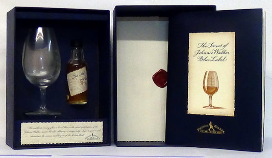 Johnnie Walker Blue Label (bsl) with nosing glass and notes - 'The Secret of Johnnie Walker Blue Label'.